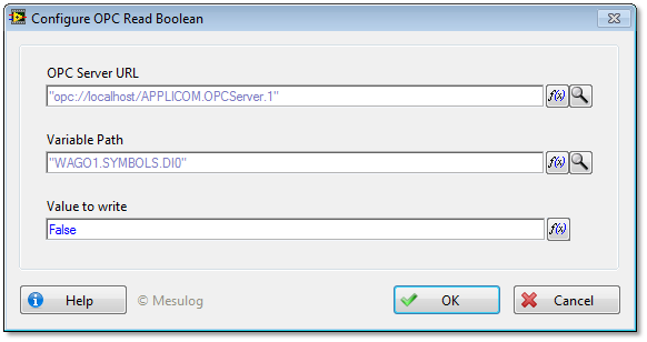 Figure 2 : Fenêtre de configuration d'un pas OPC DA Connect